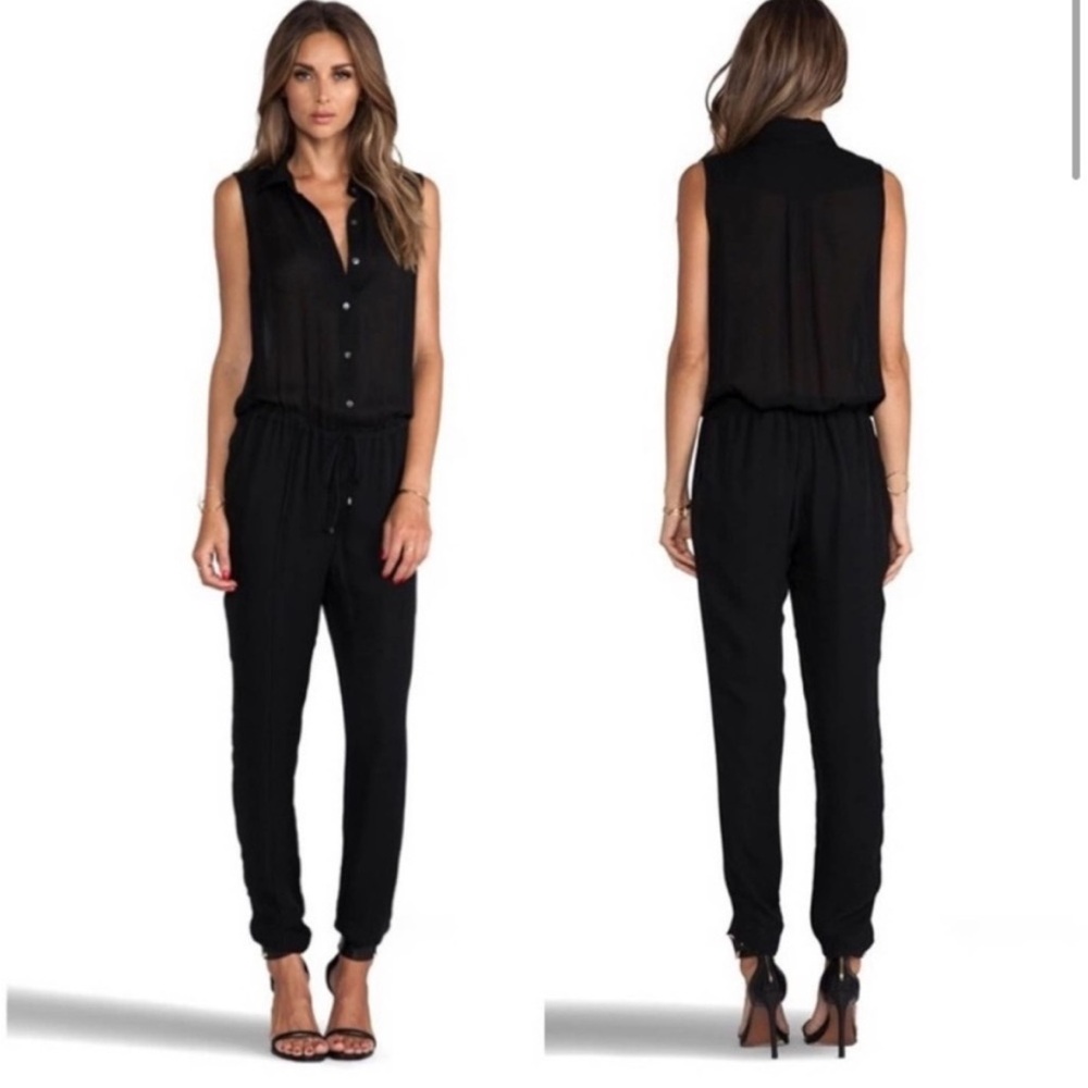 Haute Hippie Size XS Black Silk Sleeveless Jumpsuit Button Down Front Drawstring